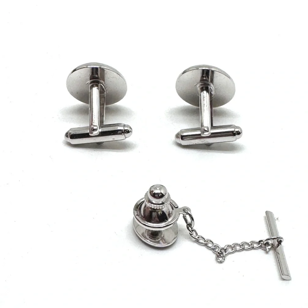Vintage Anson F Engraved Silvertone Cufflinks and Tie Tack Set with Black Inlay